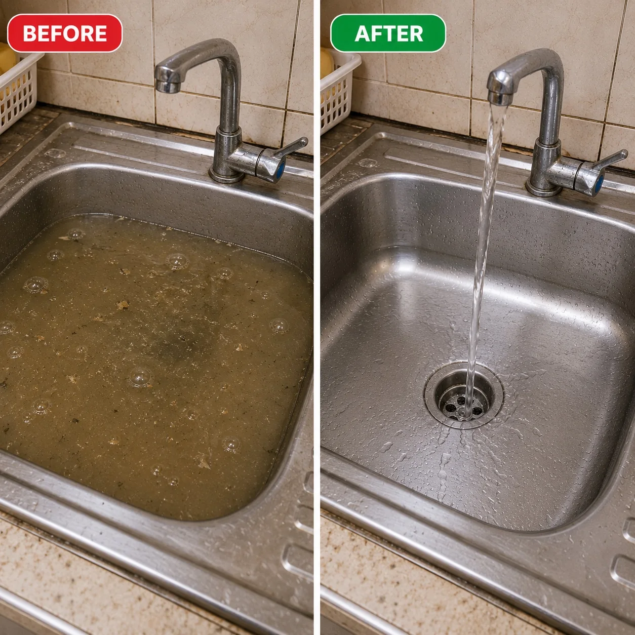 Blocked kitchen sink before and after using Wild Tornado