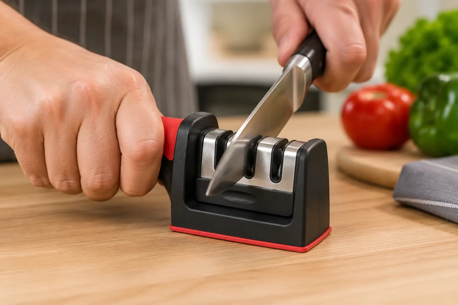 Knife pulled through the sharpener
