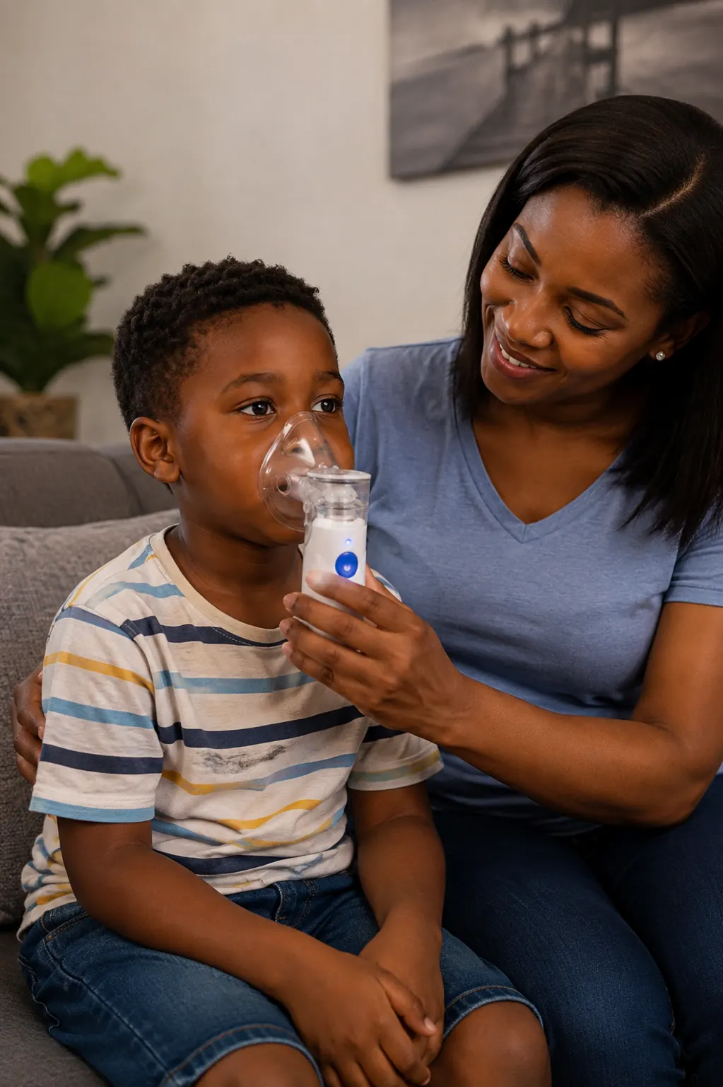 Mother using a nebuliser with her son at home